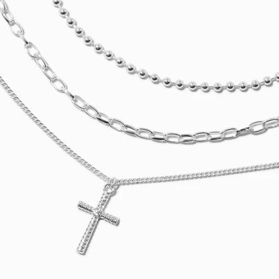 Silver-tone Paperclip & Ball Chain Cross Necklaces - 3 Pack