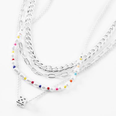 Silver Woven Chain & Dice Multi Strand Necklace Set - 2 Pack