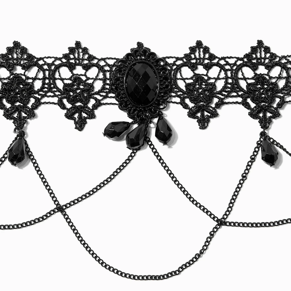 Halloween Black Beaded Lace Choker Necklace