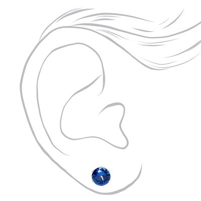 Silver Cubic Zirconia 7 MM Blue Round Stud Earrings
