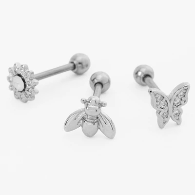 Silver Butterfly, Flower, & Bee Cartilage Stud Earrings - 3 Pack