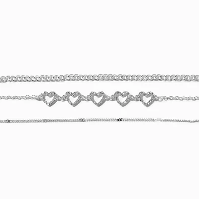 Silver-tone Crystal Heart Choker Necklaces - 3 Pack