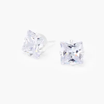 Sterling Silver Cubic Zirconia Square Stud Earrings - 10MM