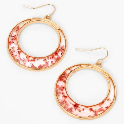 Gold 1.5" Resin Floral Hoop Drop Earrings - Red