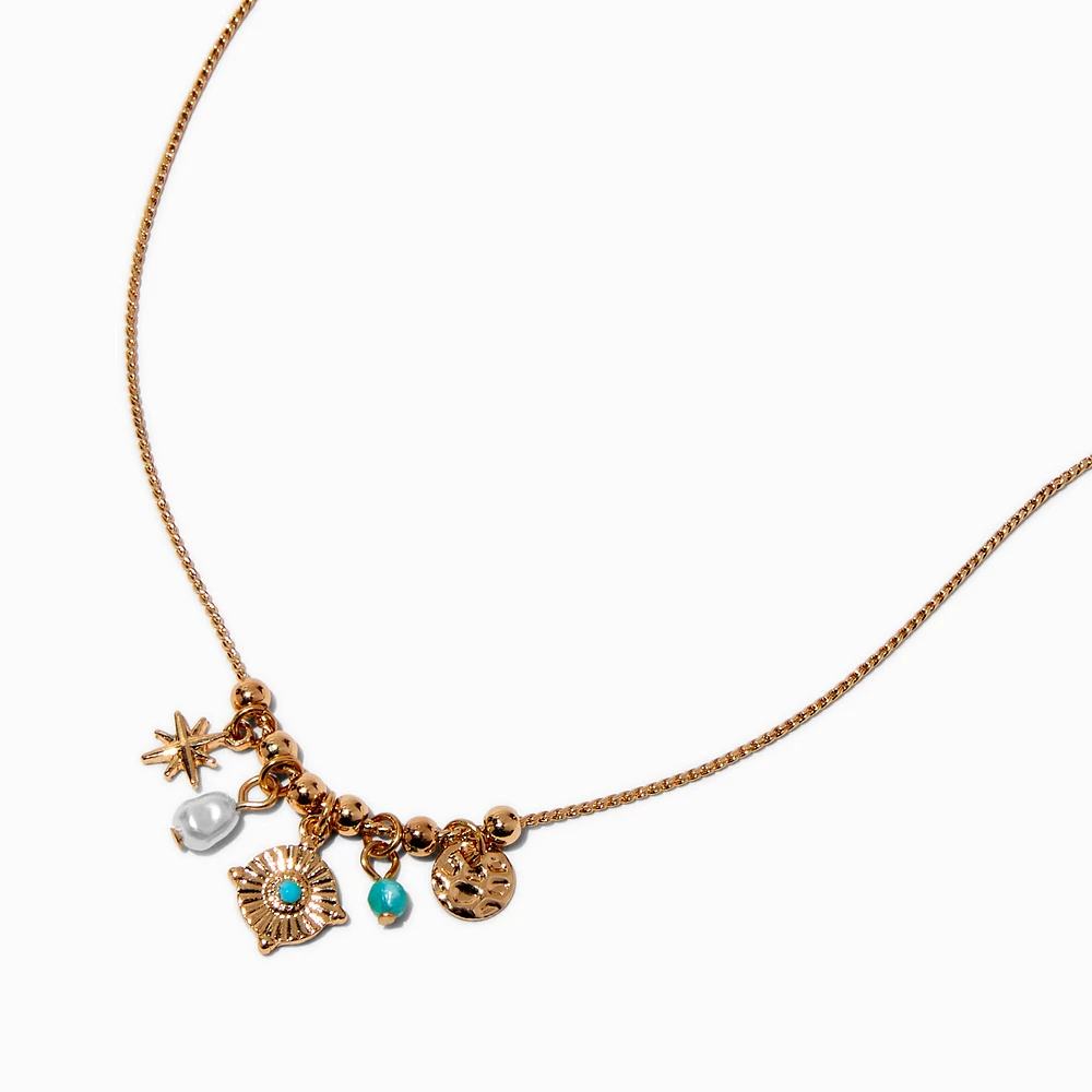 Turquoise & Pearl Mini Charm Cluster Pendant Necklace