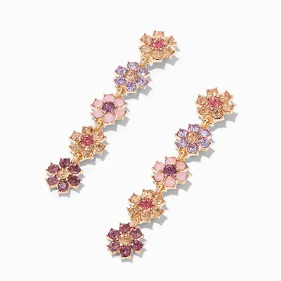 Rainbow Crystal Flowers Gold 2" Linear Drop Earrings