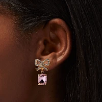 Gold-tone Pink Crystal Bow 1" Drop Earrings