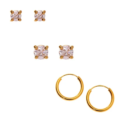 18kt Gold Plated Cubic Zirconia Mixed Crystal Stud & Hoop Earrings - 3 Pack