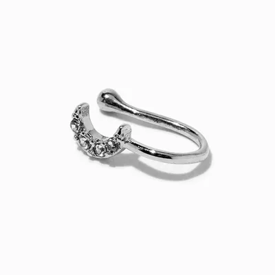 Silver Crystal Crescent Moon Faux Nose Ring