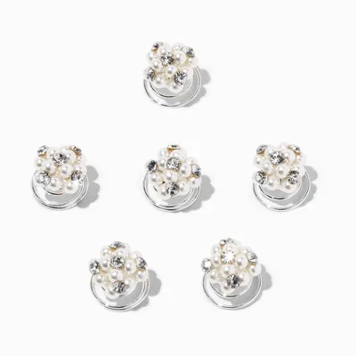 Silver Pearl & Rhinestone Cluster Hair Spinners - 6 Pack