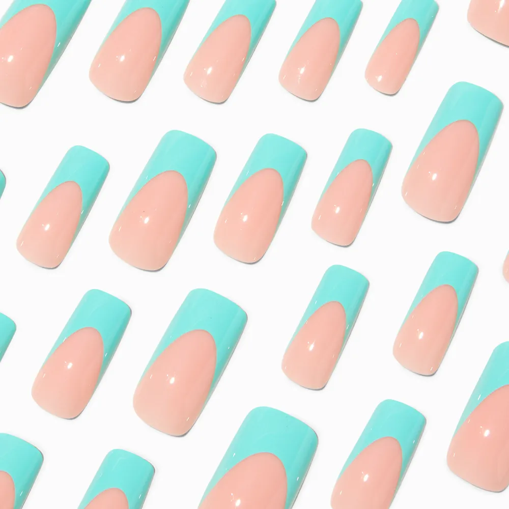 Light Blue French Tip Long Square Vegan Faux Nail Set - 24 Pack