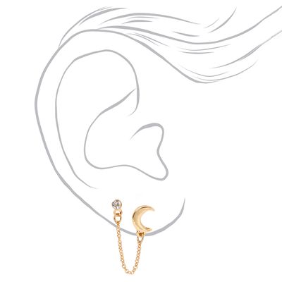 Gold Crescent Moon Crystal Connector Chain Stud Earrings