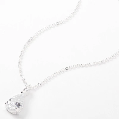 Silver Cubic Zirconia Single Teardrop Rhinestone Pendant Necklace