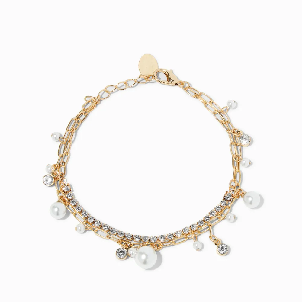 Pearl & Crystal Gold Paperclip Chain Bracelet