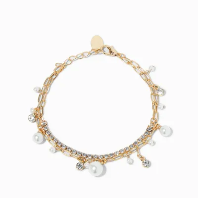 Pearl & Crystal Gold Paperclip Chain Bracelet