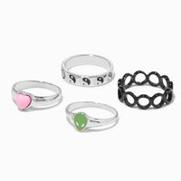 Green Alien, Yin Yang, Heart, & Black Circles Rings - 4 Pack