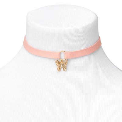 Gold Butterfly Charm Cord Choker Necklace - Pink