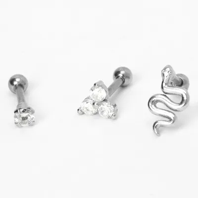 Silver 16G Embellished Snake Cartilage Stud Earrings - 3 Pack