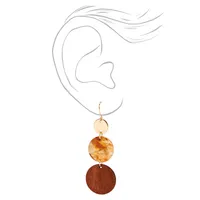 Gold 2" Wood & Tortoiseshell Disc Drop Earrings