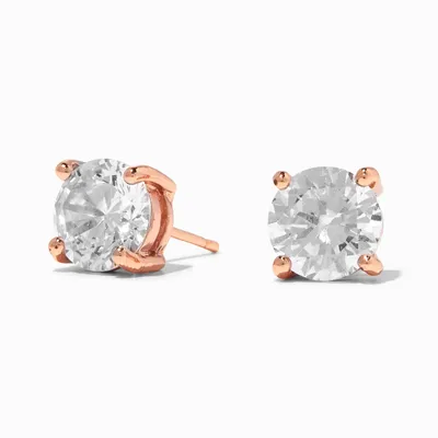 18K Gold Plated Rose Gold Cubic Zirconia Round Stud Earrings - 8MM