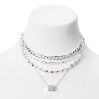 Icing Silver Woven Chain & Dice Multi Strand Necklace Set - 2 Pack