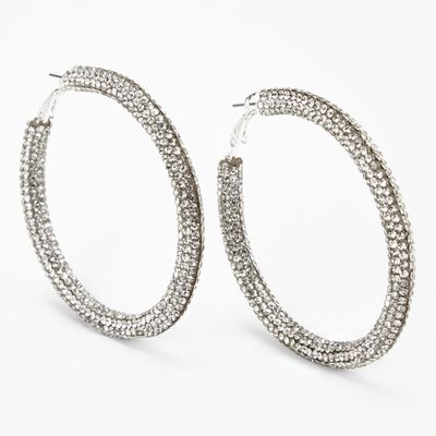 Silver 60MM Pave Embellished Hoop Earrings