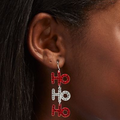 Christmas Ho Ho Ho Silver 2" Linear Drop Earrings