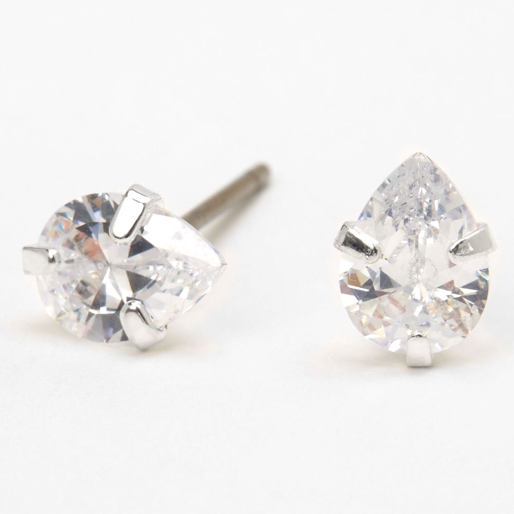 Silver Cubic Zirconia Teardrop Stud Earrings - 5MM