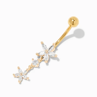 Gold 14G Cubic Zirconia Flower Dangle Belly Ring