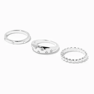 Silver Scattered Stone Ring Set - 3 Pack