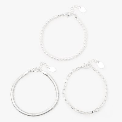 Silver Pearl Snake Chain Bracelets - 3 Pack