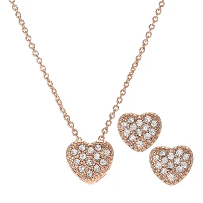 Rose Gold Crystal Heart Necklace & Earrings Set