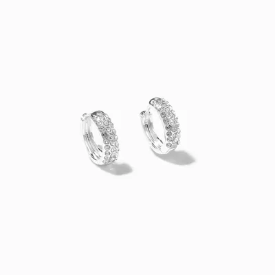 Silver Crystal Rows Embellished 15MM Huggie Hoop Earrings