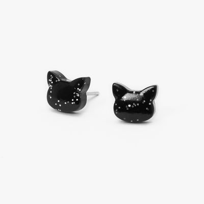 Glitter Black Cat Face Stud Earrings
