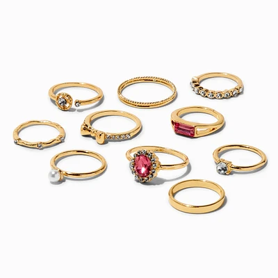 Gold-tone & Fuchsia Bow Mixed Rings - 10 Pack