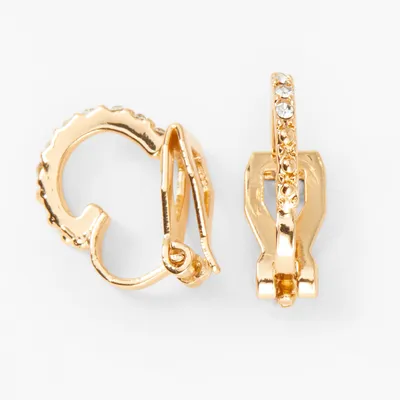 Gold 10MM Embellished Clip On Huggie Hoop Earrings