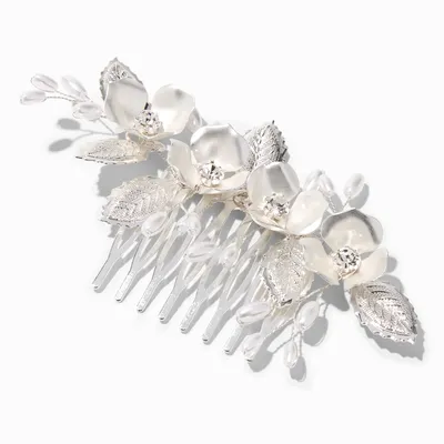 Embellished Matte Silver & Pearl Flower Hair Comb