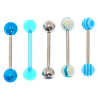 Silver 14G Marble Swirl Tongue Rings - Blue, 5 Pack