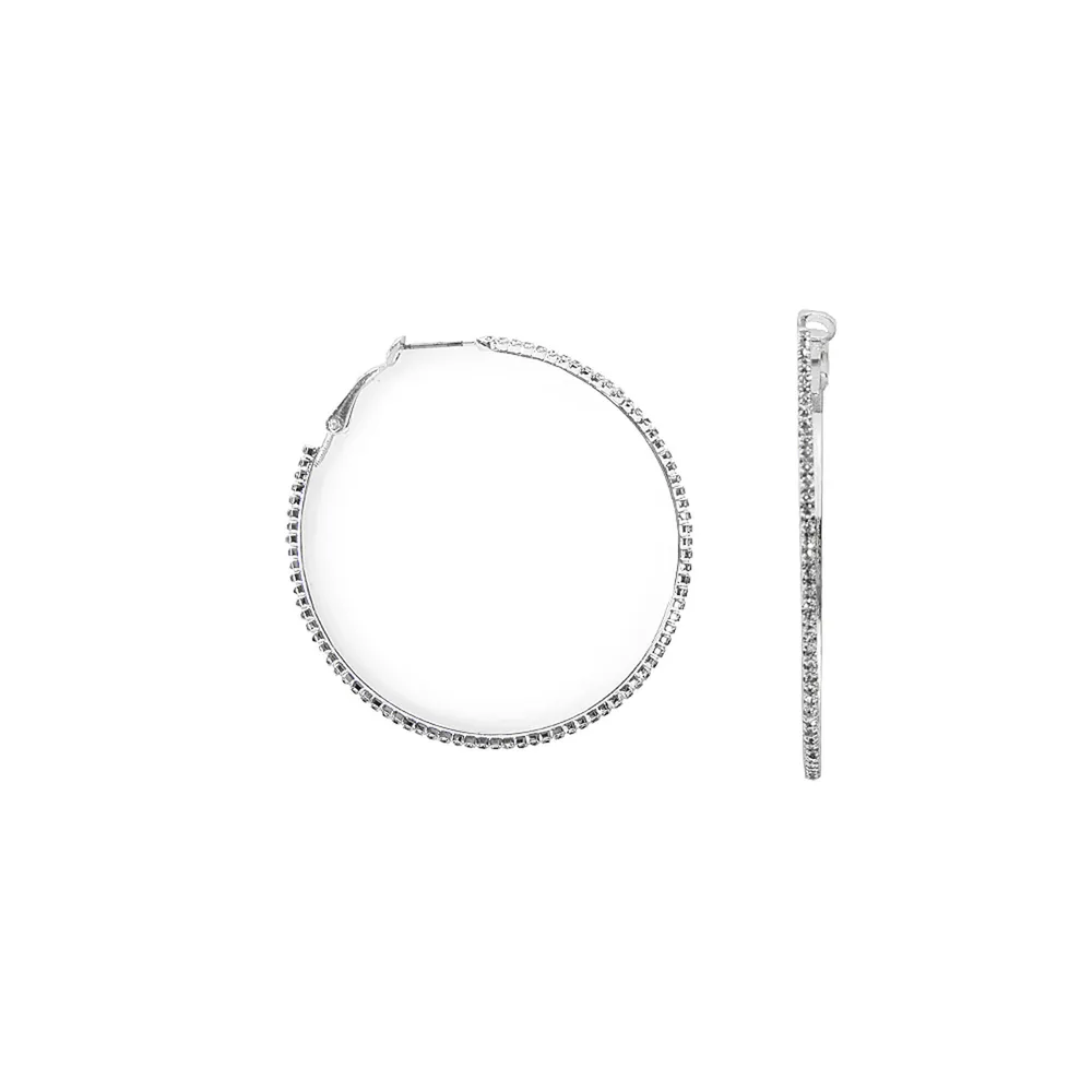 50MM Thin Silver & Pavé Rhinestone Hoop Earrings