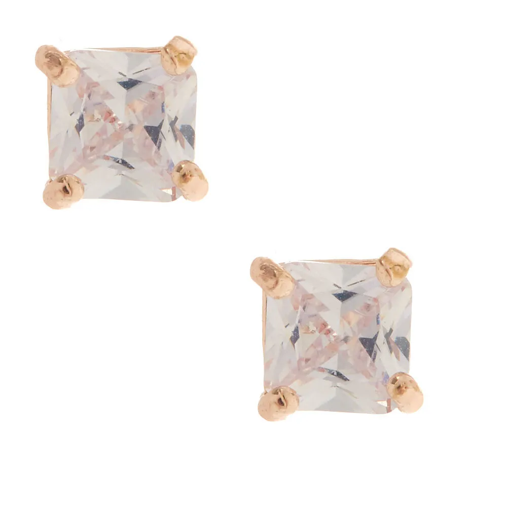 Rose Gold Cubic Zirconia Square Stud Earrings - 5MM