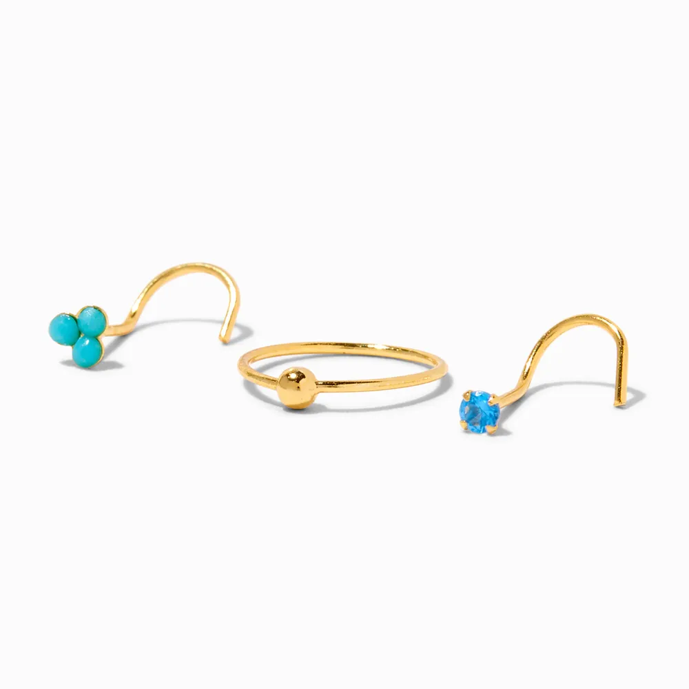 Gold Sterling Silver 22G Turquoise Nose Studs & Hoop - 3 Pack