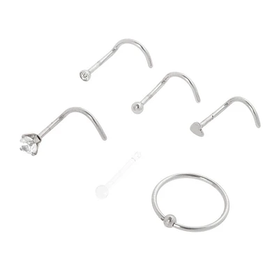 Silver 20G Mixed Crystal Shape Nose Studs & Hoop - 6 Pack