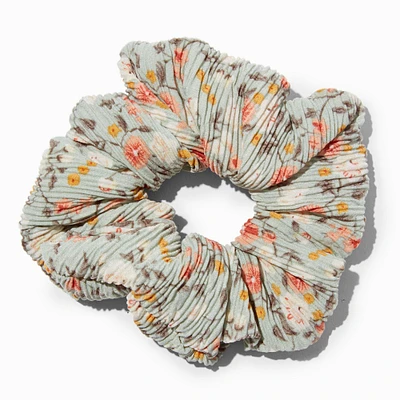 Pleated Green Floral Hair Scrunchie