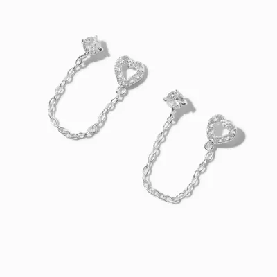 Sterling Silver Open Heart Connector Chain Stud Earrings