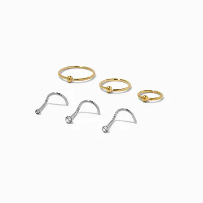 Mixed Metal 20G Embellished Nose Hoops & Studs - 6 Pack