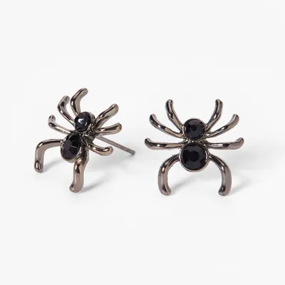 Halloween Faux Gemstone Spider Stud Earrings - Black