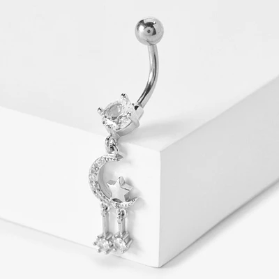 Silver-tone Stainless Steel Cubic Zirconia Moon & Star Dangle 14G Belly Bar