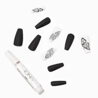 Butterfly White Bling Squareletto Vegan Faux Nail Set - 24 Pack