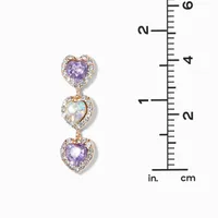 Purple 2" Halo Heart Gold Linear Drop Earrings