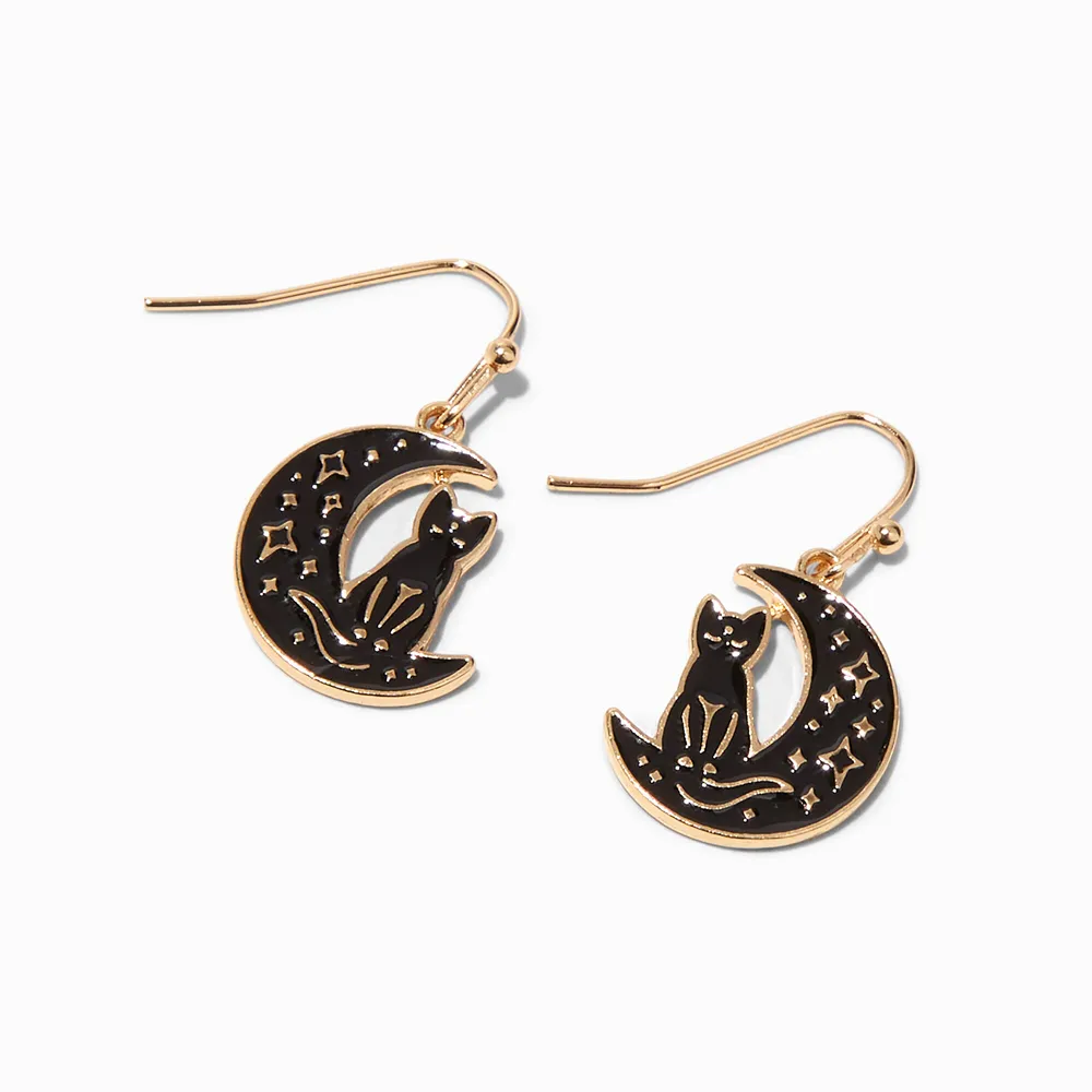 Black Cat Gold Crescent Moon 0.5" Drop Earrings